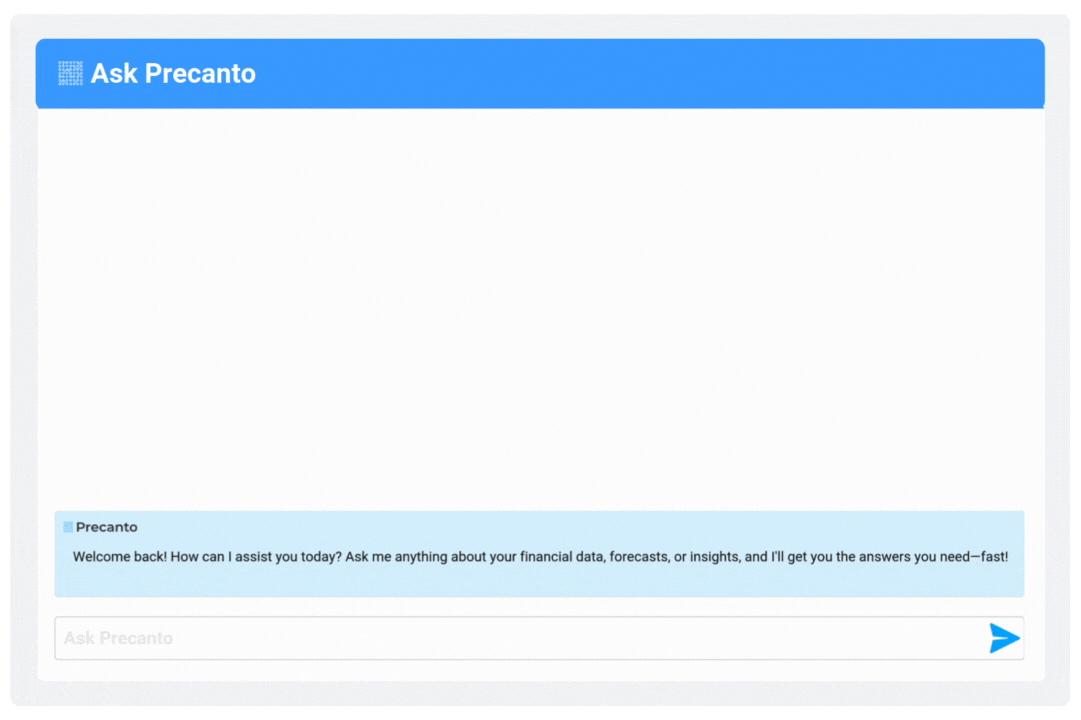 Animated Ask Precanto AI finance chatbot answering cash-flow questions and running real-time what-if financial forecasts.