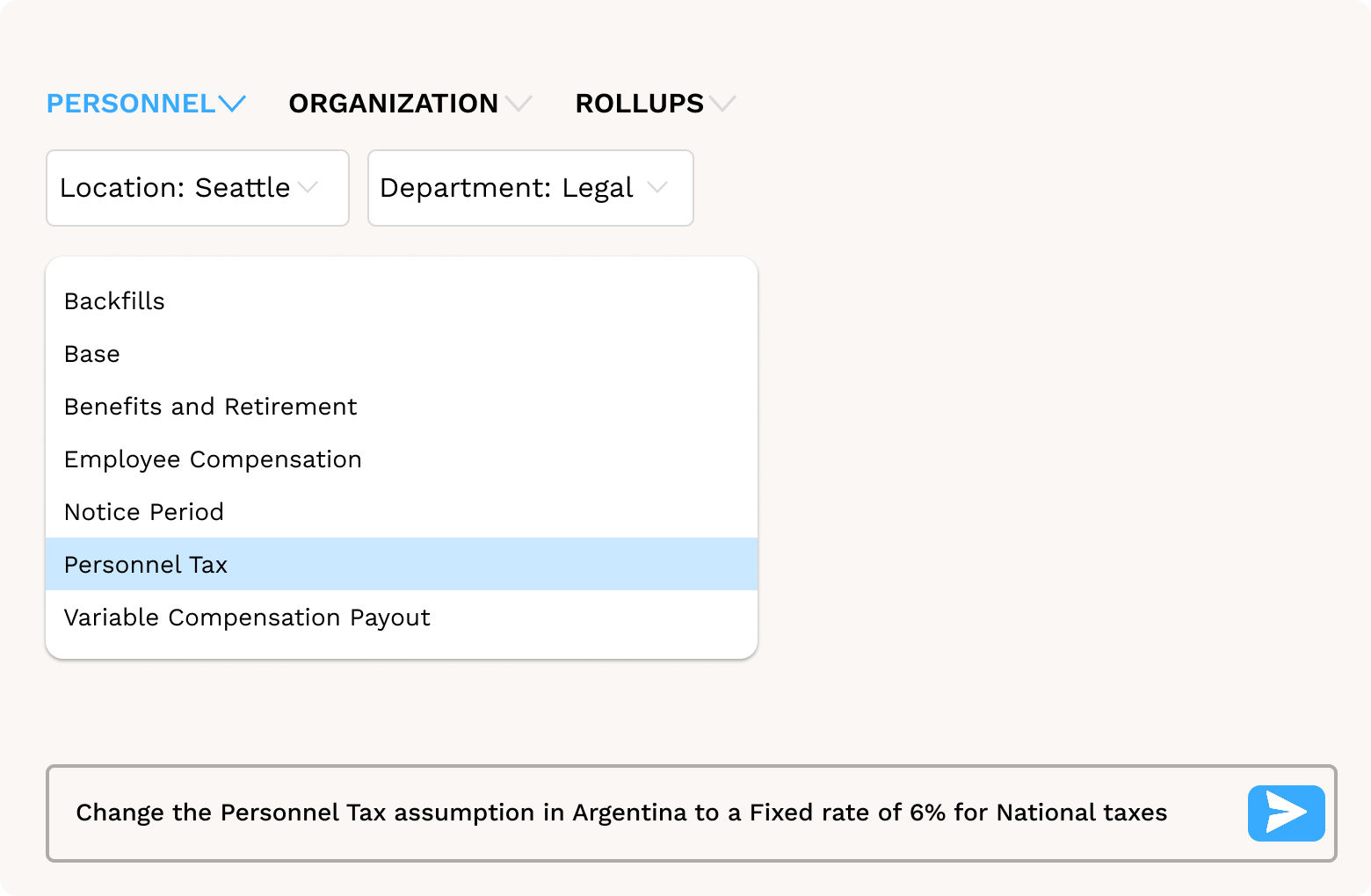 Compensation assumptions dashboard allowing finance teams to customize payroll tax and benefits settings by department and location.