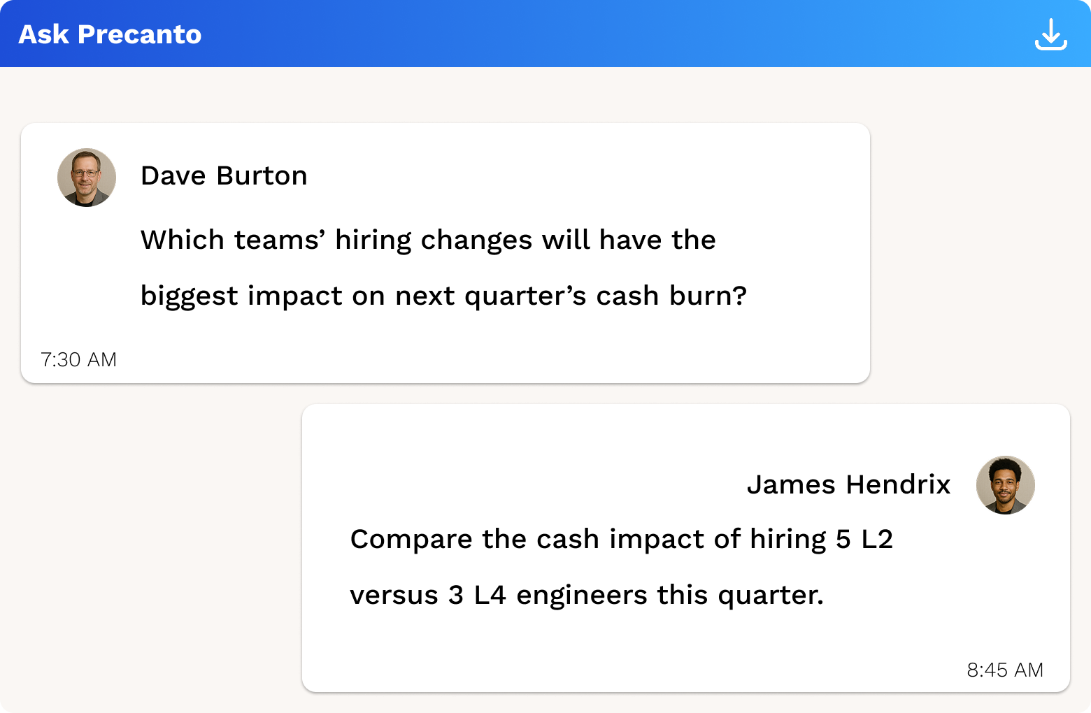 Chat-based financial assistant comparing cash impact of different engineering hiring scenarios for next quarter’s headcount forecast.