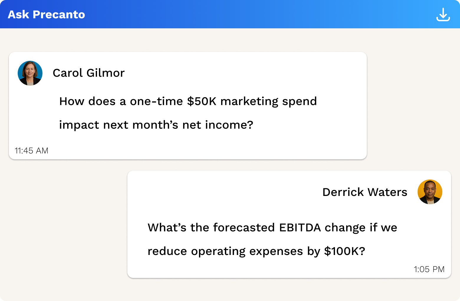 Finance AI tool answering board-level questions on forecasted EBITDA and net income impact from marketing and expense changes.