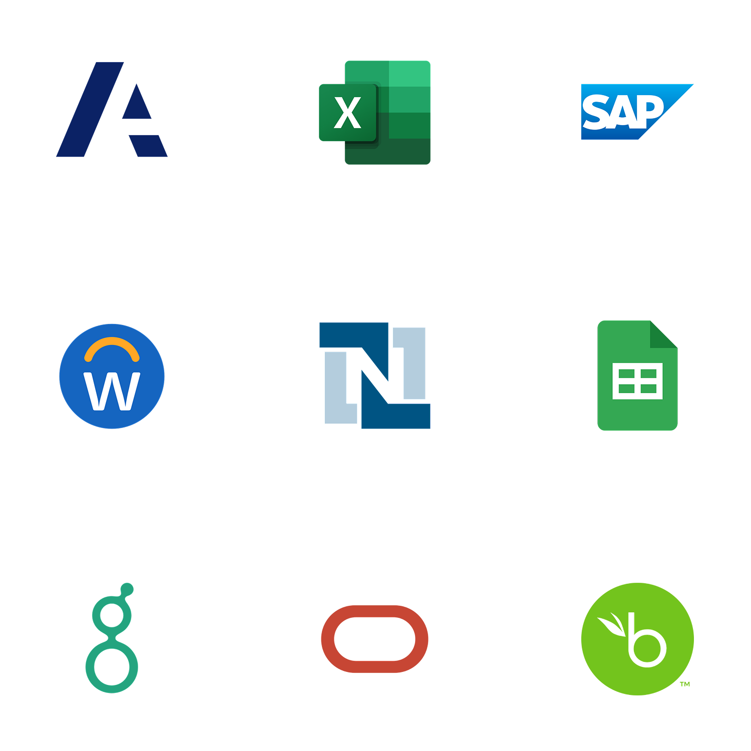 Logos of finance systems integrated with Precanto for automated data ingestion, including SAP, Excel, Workday, NetSuite, Google Sheets, Oracle, and BambooHR